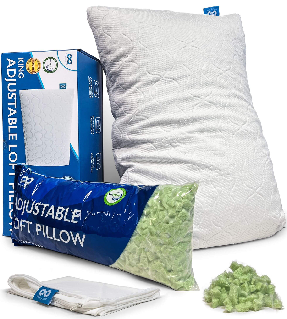 Everlasting Comfort Adjustable Pillow for Back, Stomach, Side Sleepers -  Green Tea Shredded Memory Foam Pillows with Customizable Loft 
